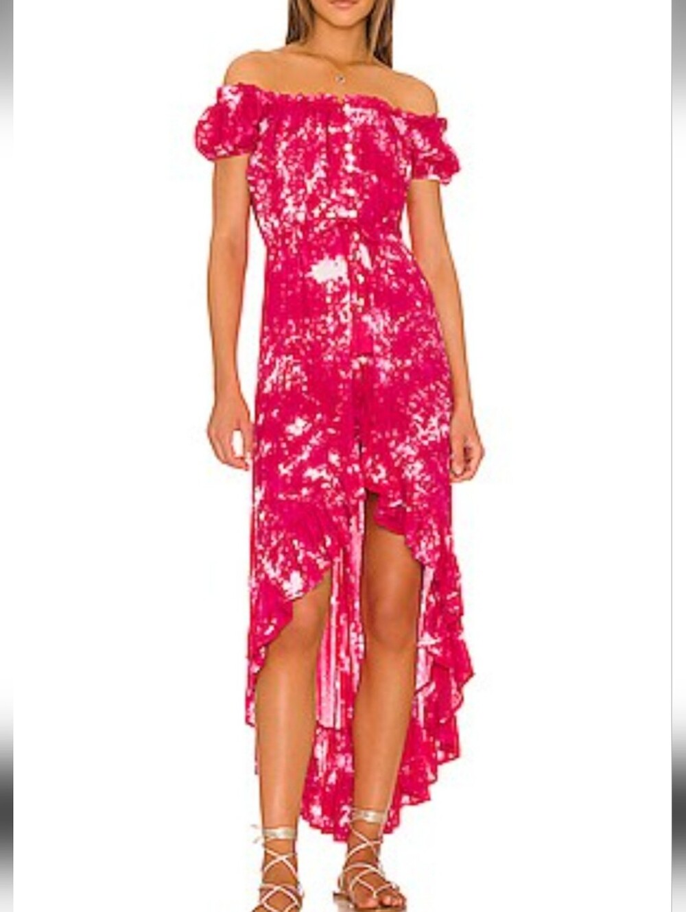 Tiare Hawaii Off‑Shoulder High-Low Dress in Hot Pink Tie-Dye SizeM/L. EUC